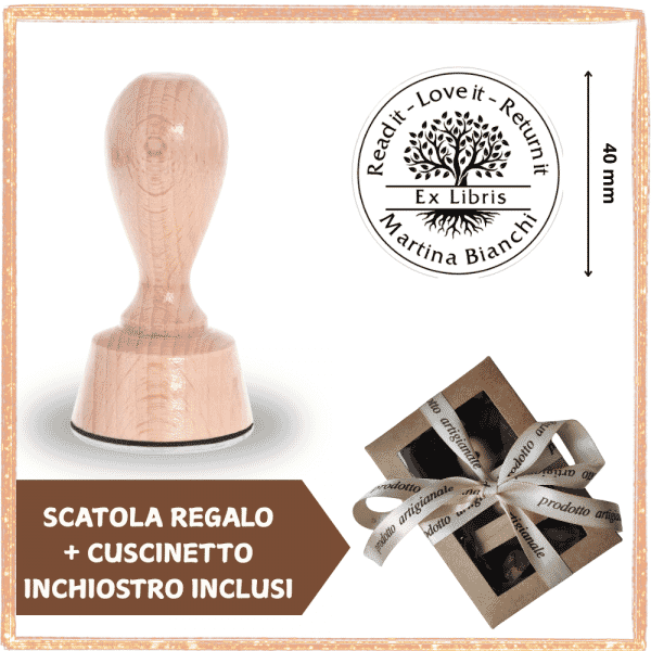 Timbro Ex Libris Albero Vita - con Scatola Regalo e Cuscinetto