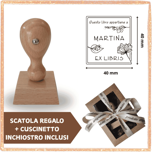 Timbro Ex Libris Legno Quadrato Rami Fioriti - Idea Regalo
