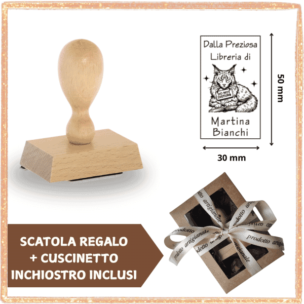 Timbro Ex Libris Legno Rettangolare Gatto - Idea Regalo