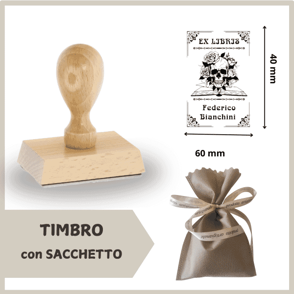 Ex Libris Legno Corvi e Teschi - Timbro con Sacchetto