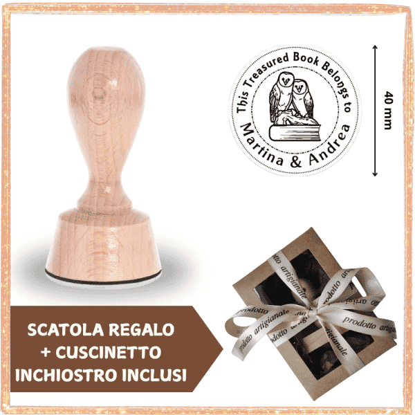 Timbro Ex Libris Gufo - con Scatola Regalo e Cuscinetto