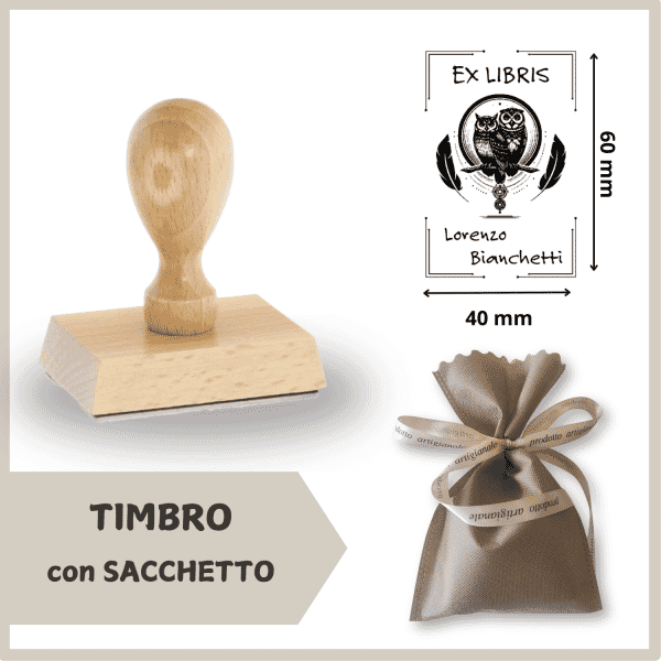 Ex Libris Legno Gufo - Timbro con Sacchetto