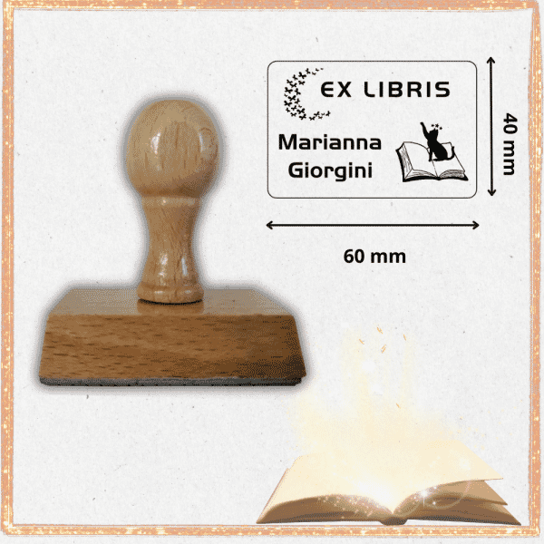 Timbro Ex Libris Legno Rettangolare Gatto - 60x40 mm