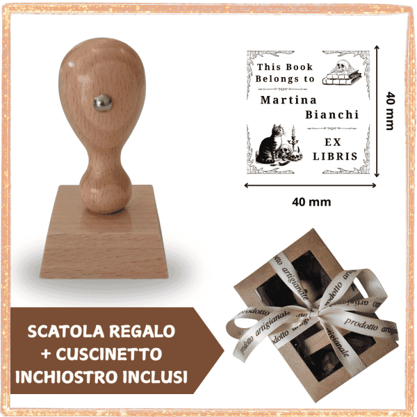 Timbro Ex Libris Quadrato in Legno - Gothic - Idea Regalo