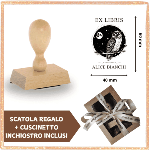 Timbro Ex Libris Legno Rettangolare Gufo - Idea Regalo