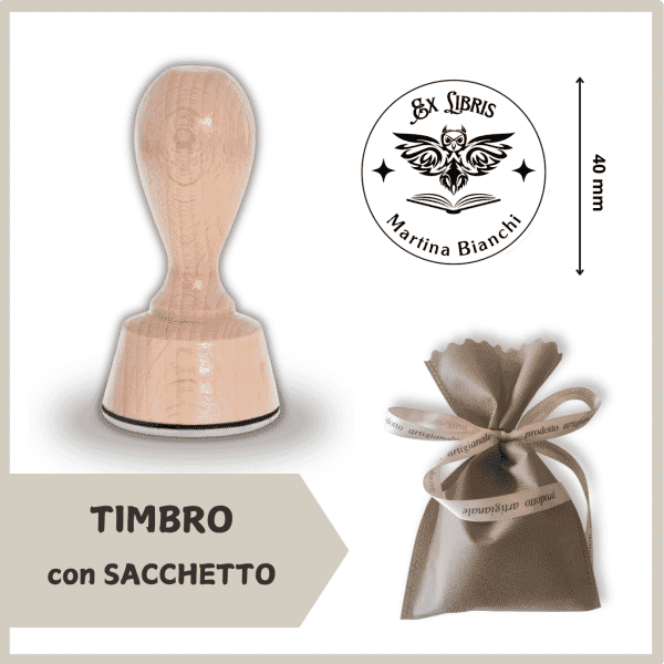 Ex Libris Gufo - Timbro Legno con Sacchetto