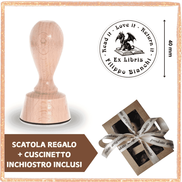Timbro Ex Libris Drago - con Scatola Regalo e Cuscinetto
