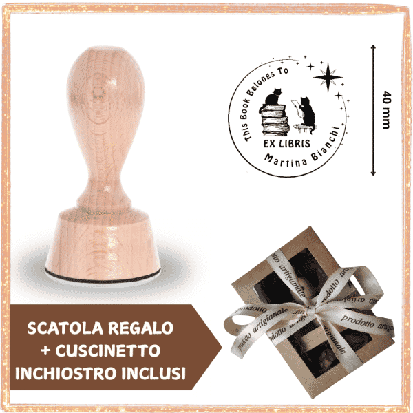 Timbro Ex Libris Gatto - con Scatola Regalo e Cuscinetto