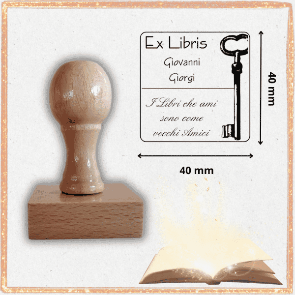 Timbro Ex Libris Legno Quadrato Chiave - 40x40 mm