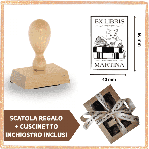 Timbro Ex Libris Legno Rettangolare Gatto - Idea Regalo