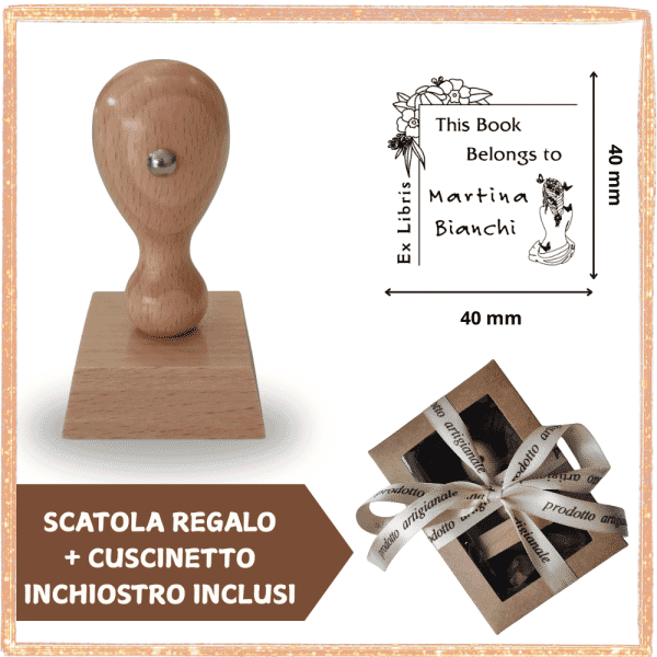 Timbro Ex Libris Quadrato in Legno - Farfalle - Idea Regalo
