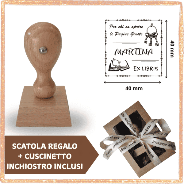 Timbro Ex Libris Legno Quadrato Chiave - Idea Regalo